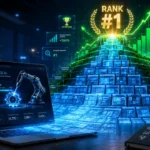 An intricate digital illustration for a featured image, showing a laptop with a specialized WordPress plugin dashboard (represented by a robotic arm forging a gear logo). Thousands of automated web page blueprints explode from the screen and self-organize into a massive, glowing data pyramid topped with a trophy and rising green growth charts. This visually represents the scale and rapid ranking potential of a Programmatic SEO WordPress plugin.