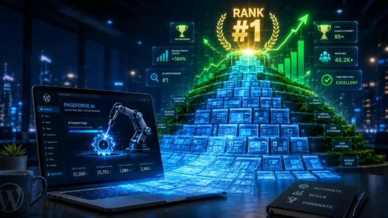 An intricate digital illustration for a featured image, showing a laptop with a specialized WordPress plugin dashboard (represented by a robotic arm forging a gear logo). Thousands of automated web page blueprints explode from the screen and self-organize into a massive, glowing data pyramid topped with a trophy and rising green growth charts. This visually represents the scale and rapid ranking potential of a Programmatic SEO WordPress plugin.