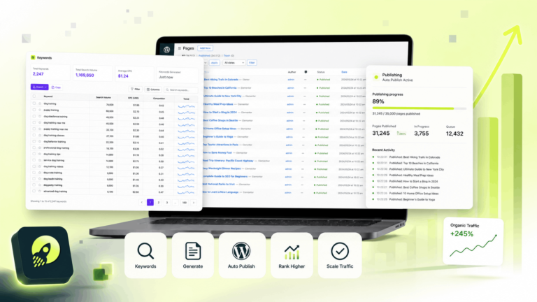 Dashboard of PageForge programmatic SEO WordPress plugin showing bulk page generation from a CSV file.