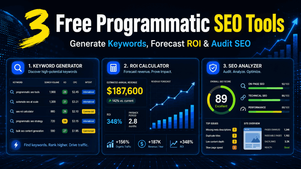 Free programmatic SEO tools with keyword generator, SEO ROI calculator and website SEO analyzer dashboard