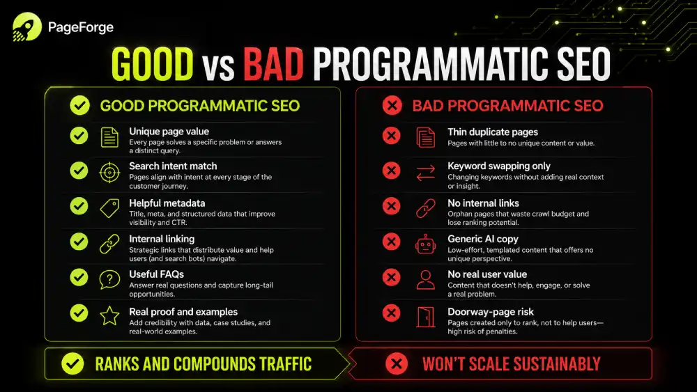 Good pSEO creates useful page variations. Bad pSEO creates doorway pages.