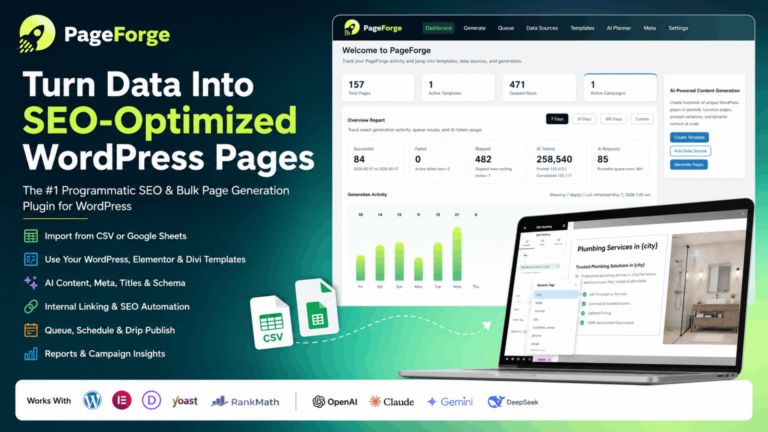 PageForge bulk page generator dashboard highlighting AI-powered SEO tools for programmatic WordPress pages.