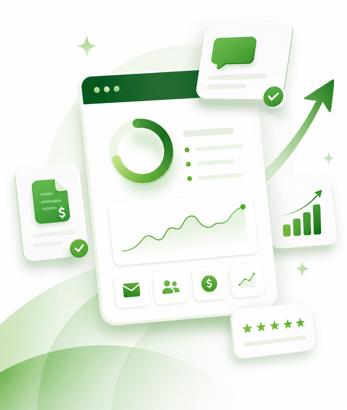 Minimal green dashboard illustration showing leads, payments, analytics, client reviews, and business growth for the PageForge Partner Program.