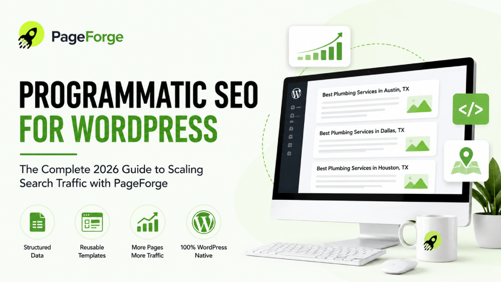 Programmatic SEO workflow for WordPress using PageForge CSV data, reusable templates, SEO metadata, schema, and internal links.