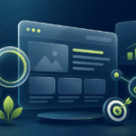 SEO marketing illustration showing search optimization, website content, backlinks, targeting, analytics, and organic traffic growth