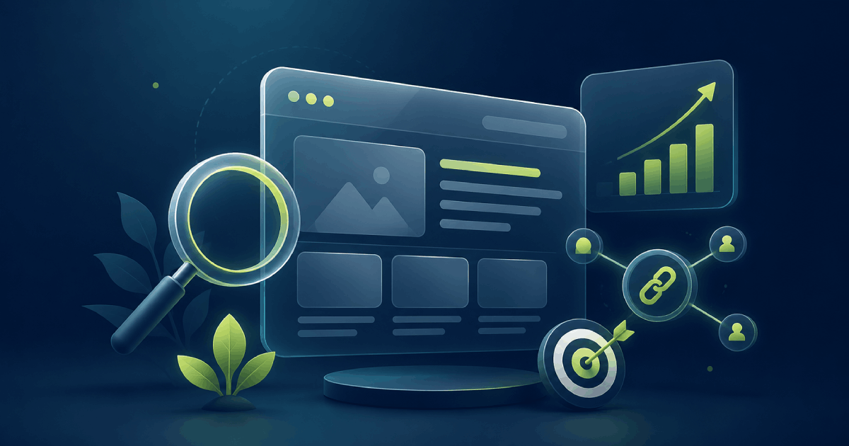 SEO marketing illustration showing search optimization, website content, backlinks, targeting, analytics, and organic traffic growth