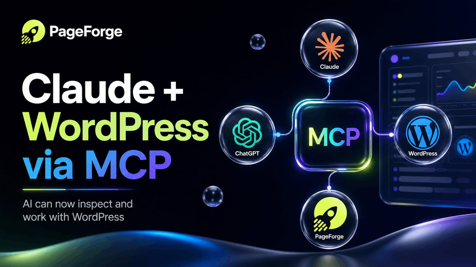 PageForge MCP banner showing Claude, ChatGPT and WordPress connected through MCP, demonstrating AI-powered WordPress SEO automation and site management.